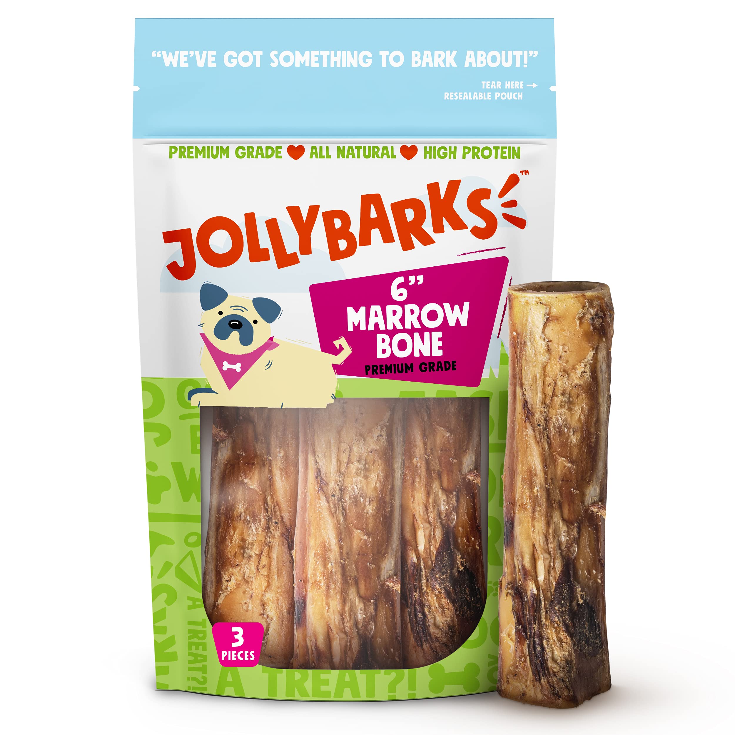 Jolly Barks marrow bones 6-inch front view in a 3-pack for long-lasting chews.