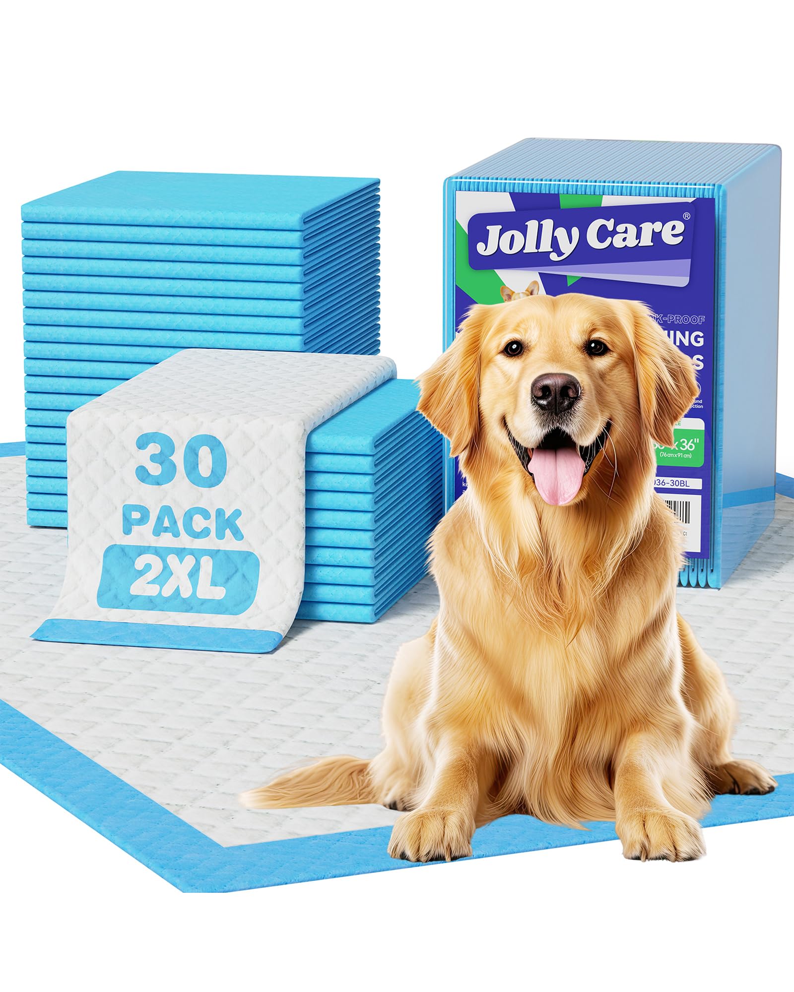 Jolly Care XXL 30x36 dog pee pad provides oversized indoor protection.