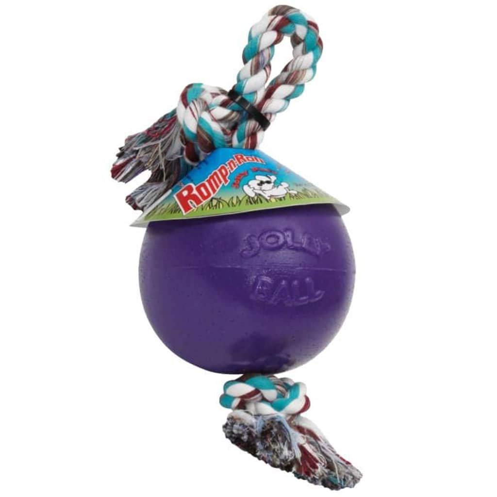 Jolly Pets Romp-n-Roll rope and ball toy in purple for engaging fetch and tug with large dogs.