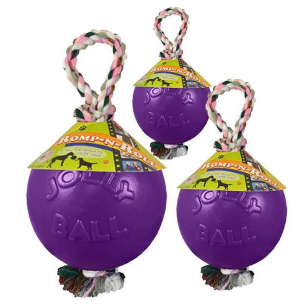 Close-up texture of the Jolly Pets Romp-n-Roll rope fibers and ball for durable grip.