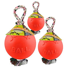 Jolly Pets Romp-n-Roll ball with Easy Grip rope for tug and throw.