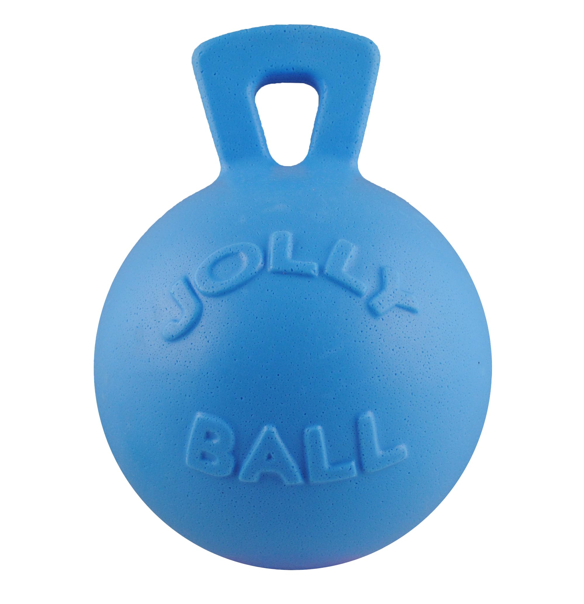 Jolly Pets Tug-N-Toss ball with handle, 10 inches, ideal for supervised fetch.