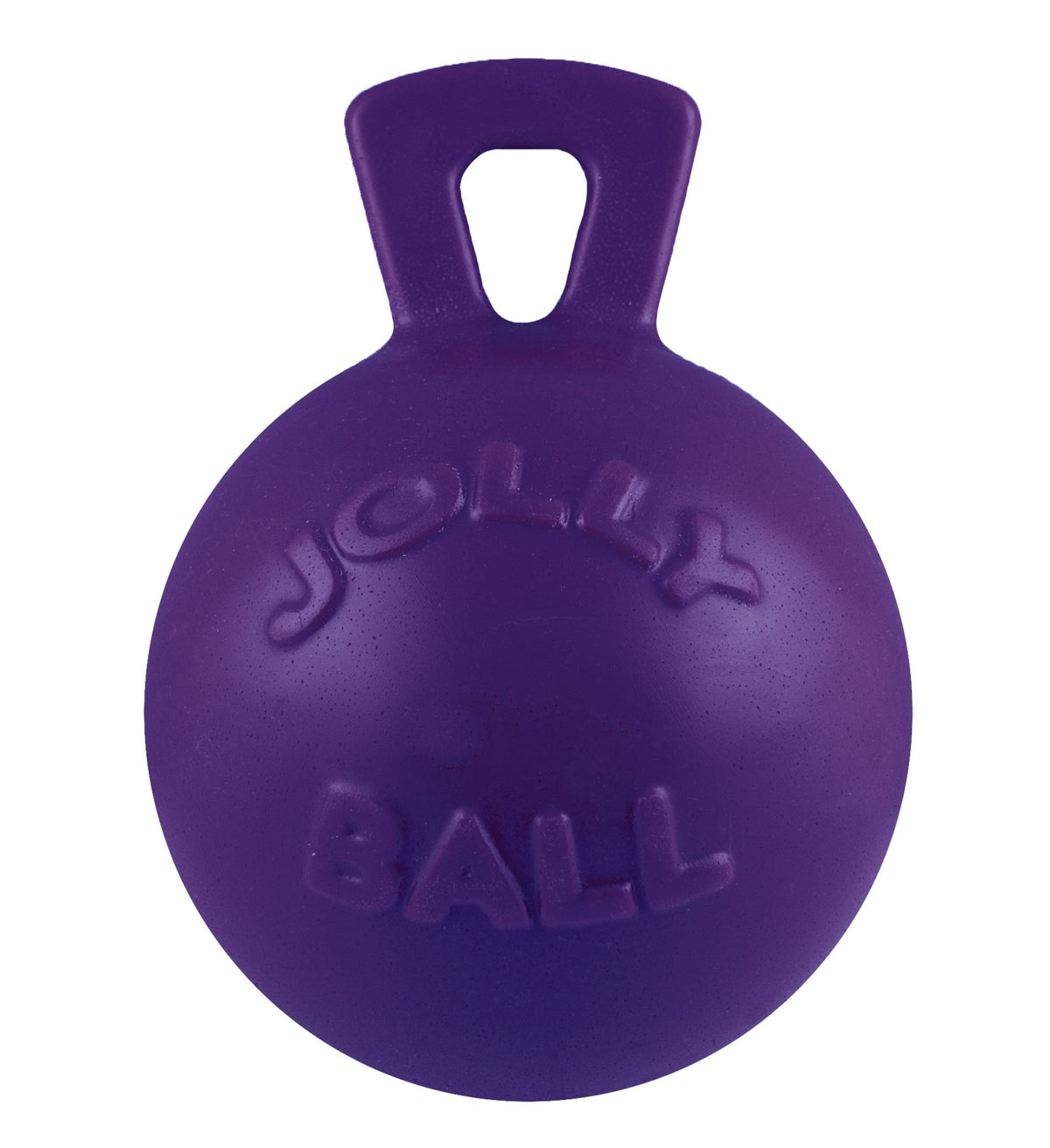 Jolly Pets Tug-N-Toss ball with handle, side view, perfect for fetch and tug.