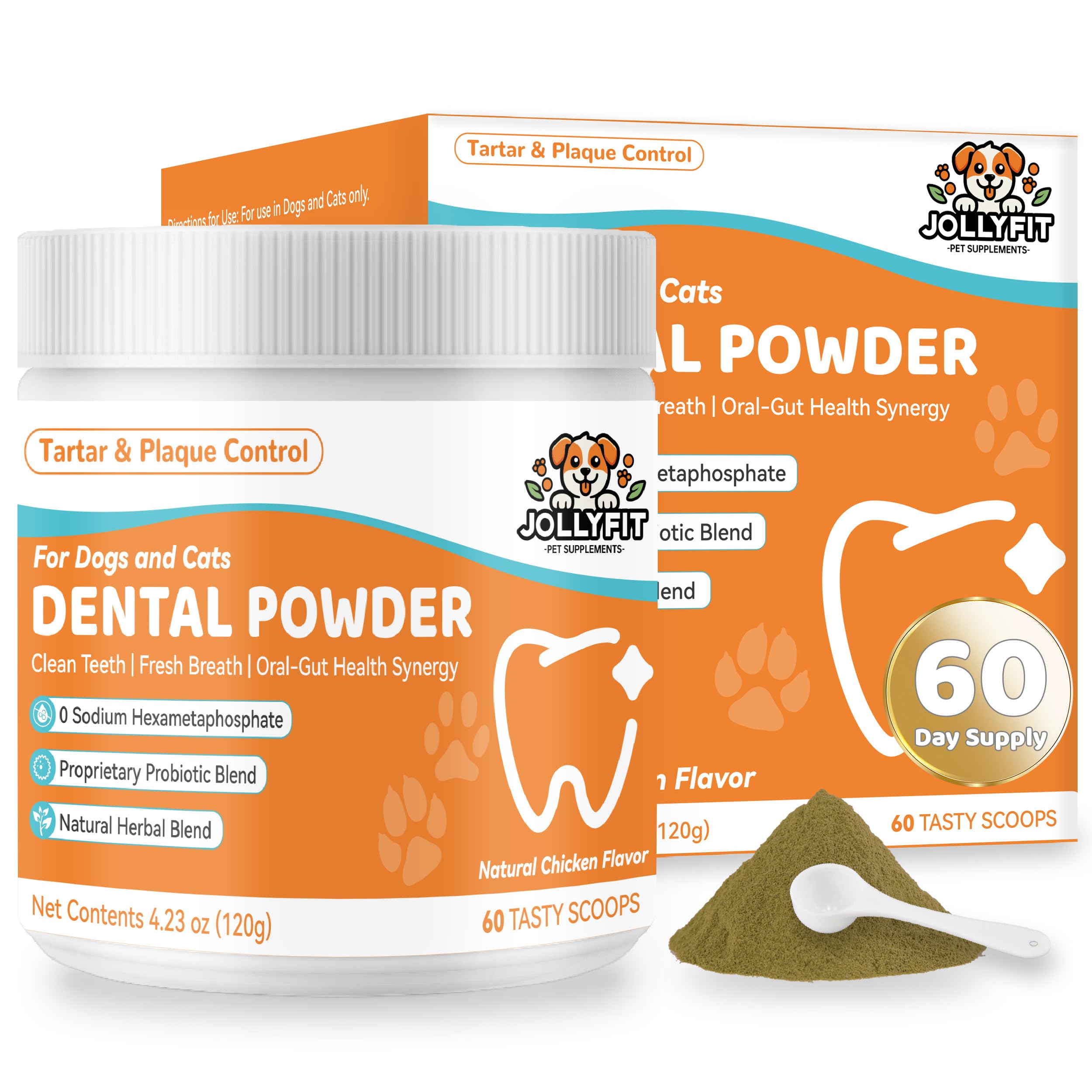 Jollyfit dog teeth cleaning powder jar showing 60 scoops for daily care and fresh breath.