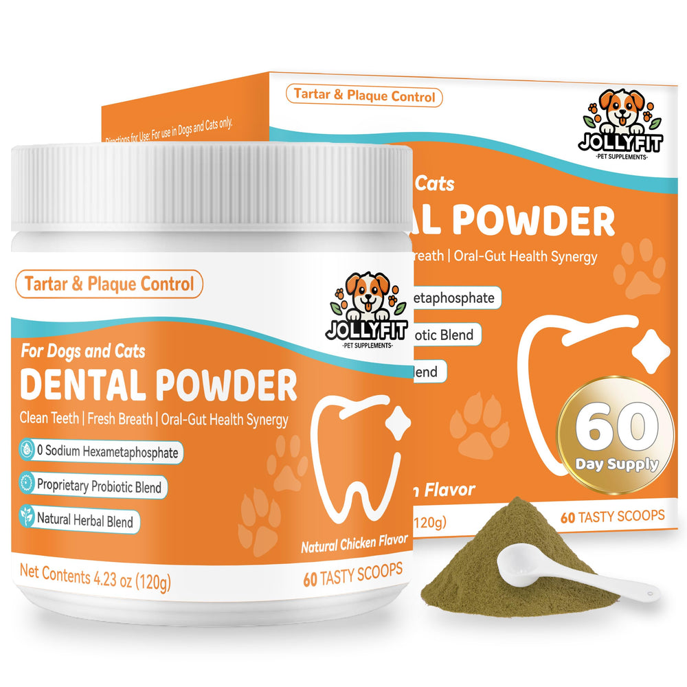 Jollyfit dog teeth cleaning powder jar showing 60 scoops for daily care and fresh breath.