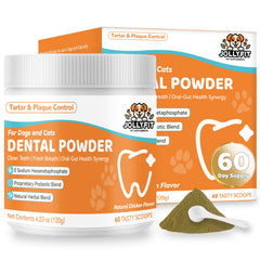 Jollyfit dog teeth cleaning powder jar showing 60 scoops for daily care and fresh breath.