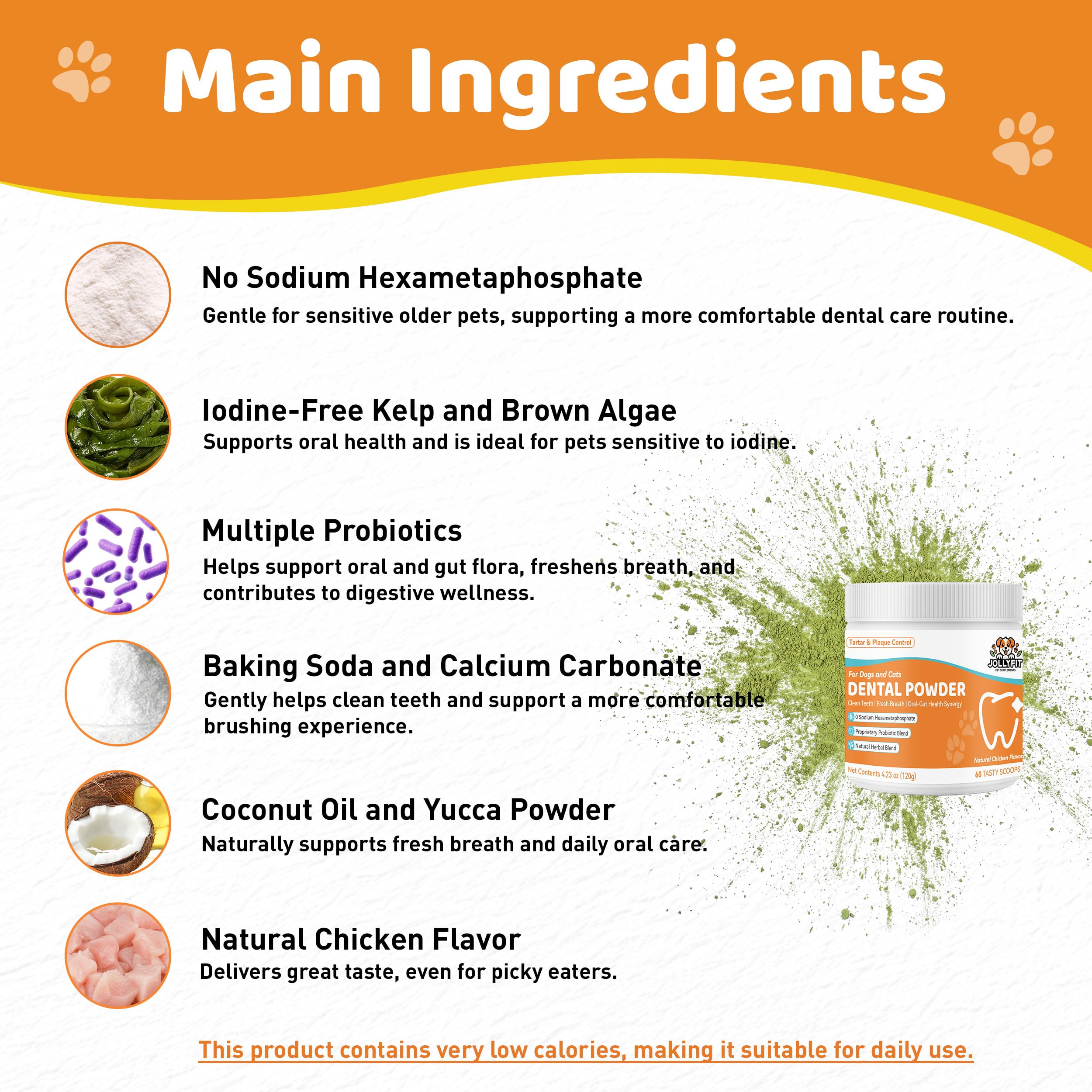 Jollyfit dog teeth cleaning powder texture close-up emphasizing gentle formula.