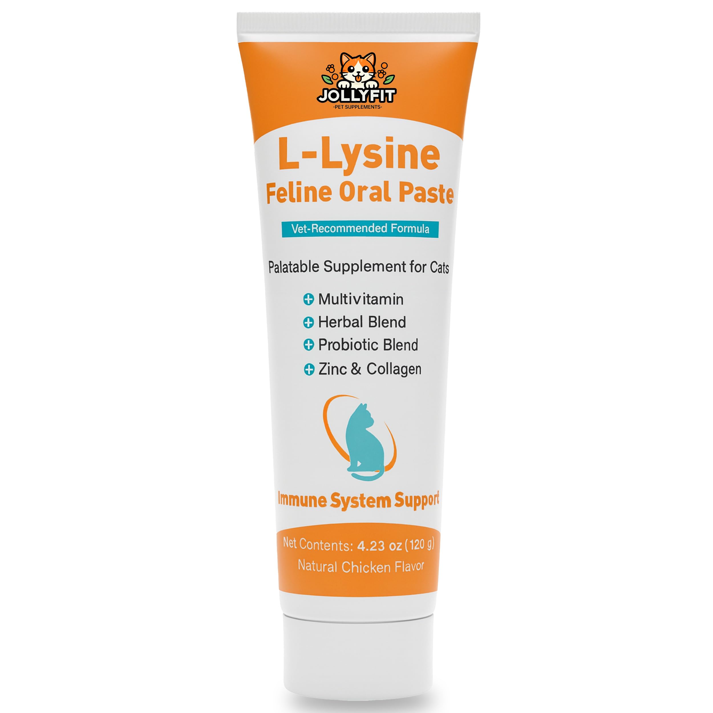 Jollyfit L-Lysine for Cats paste bottle with label showing health benefits.