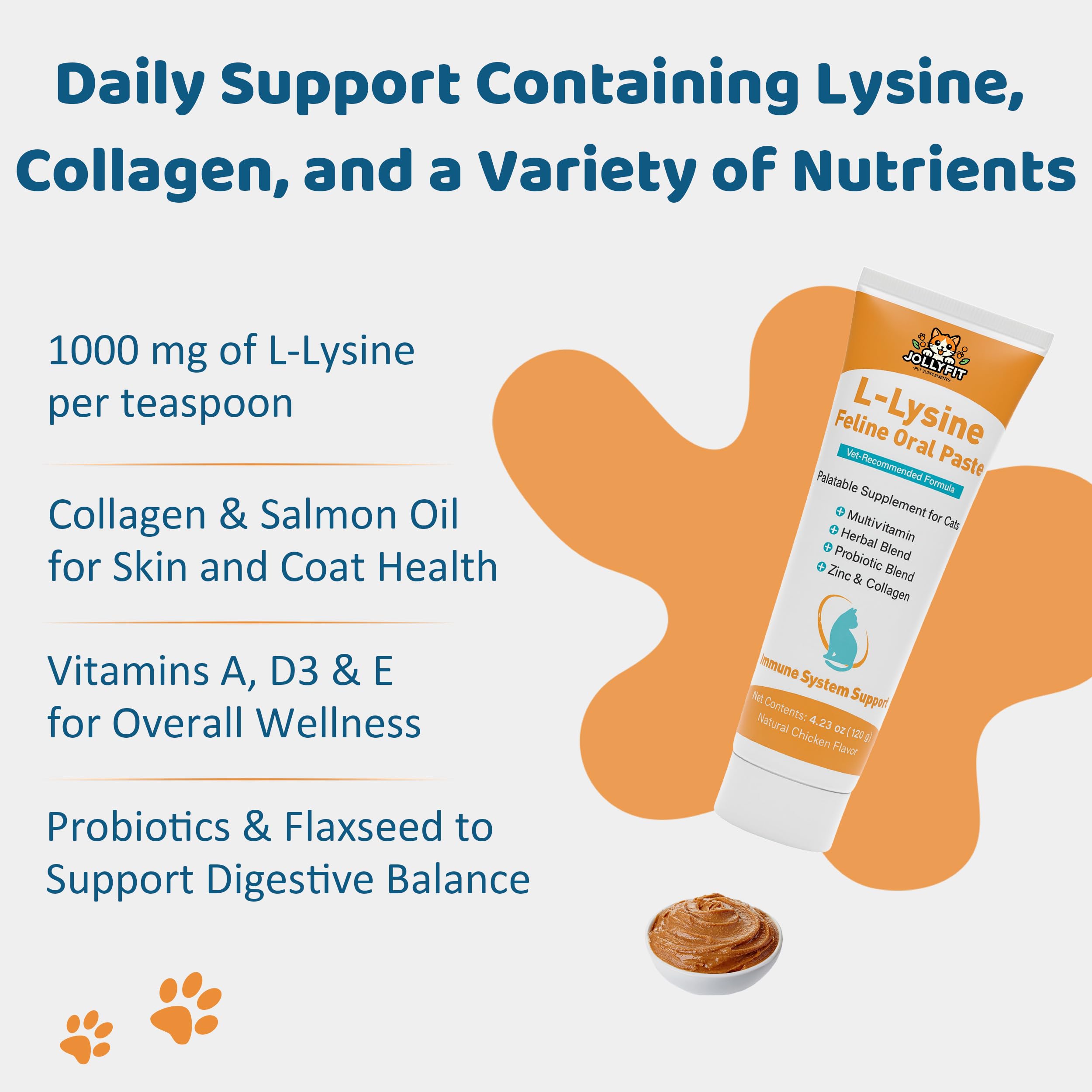 Dosing ease with Jollyfit L-Lysine cat paste, ideal for paw or food mix.