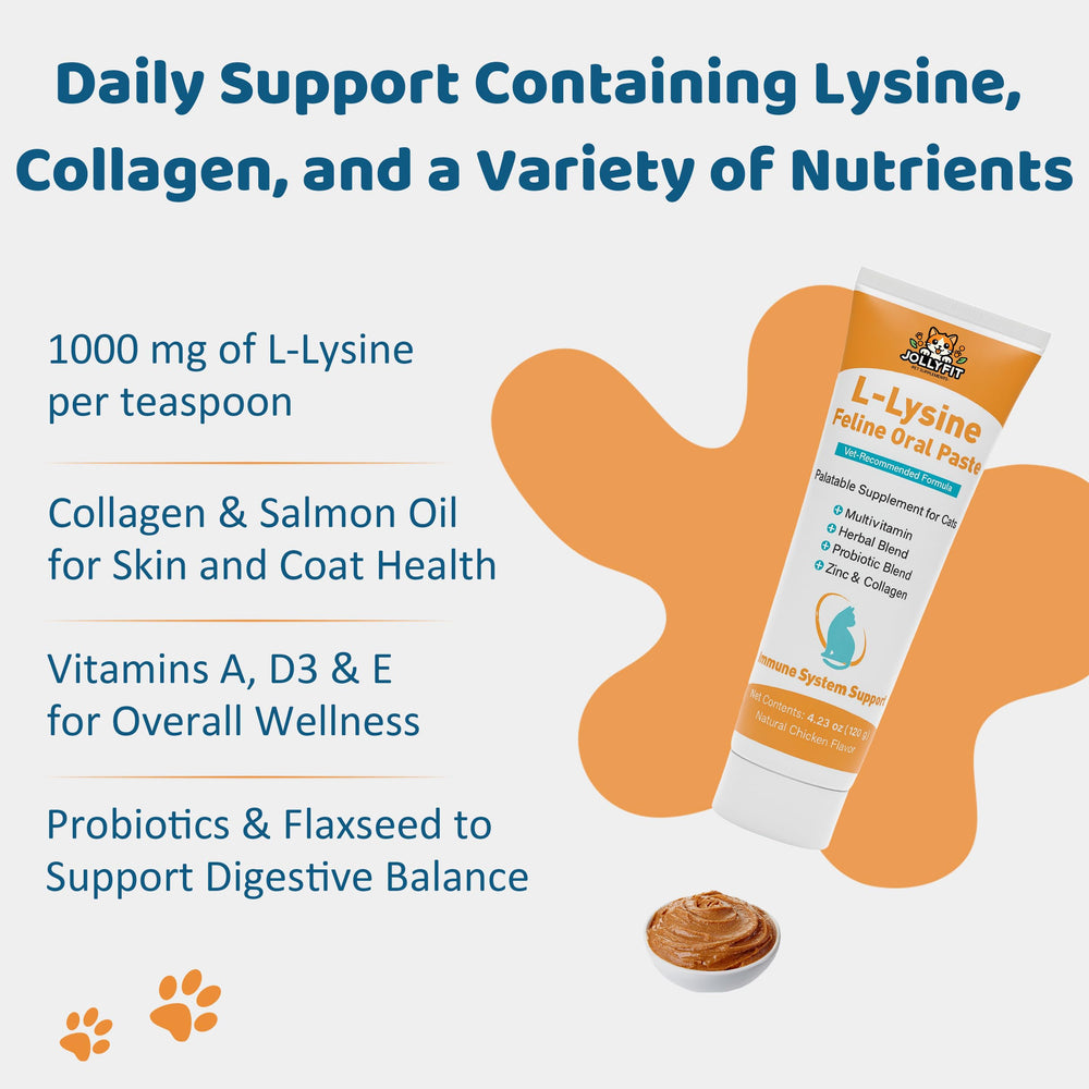Dosing ease with Jollyfit L-Lysine cat paste, ideal for paw or food mix.