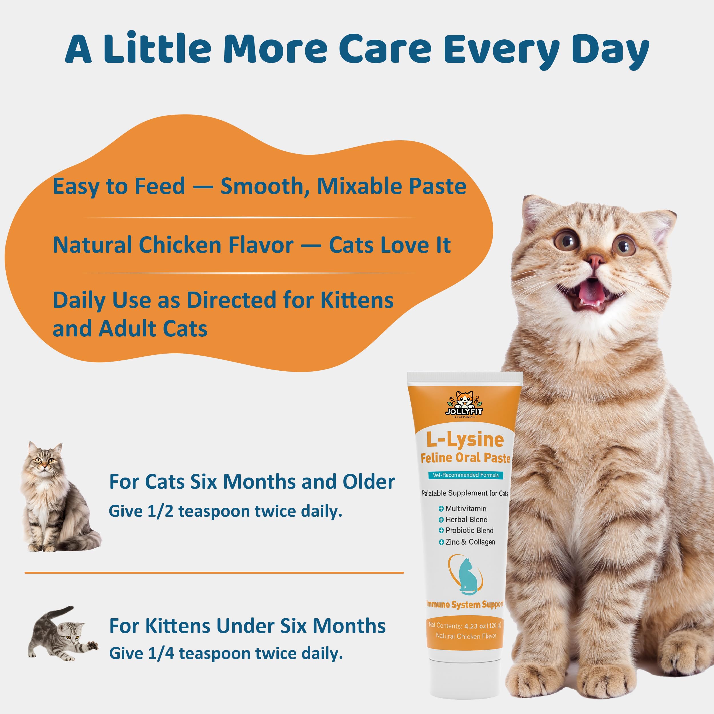 Ingredients view: zinc, collagen, vitamins in Jollyfit L-Lysine cat paste.