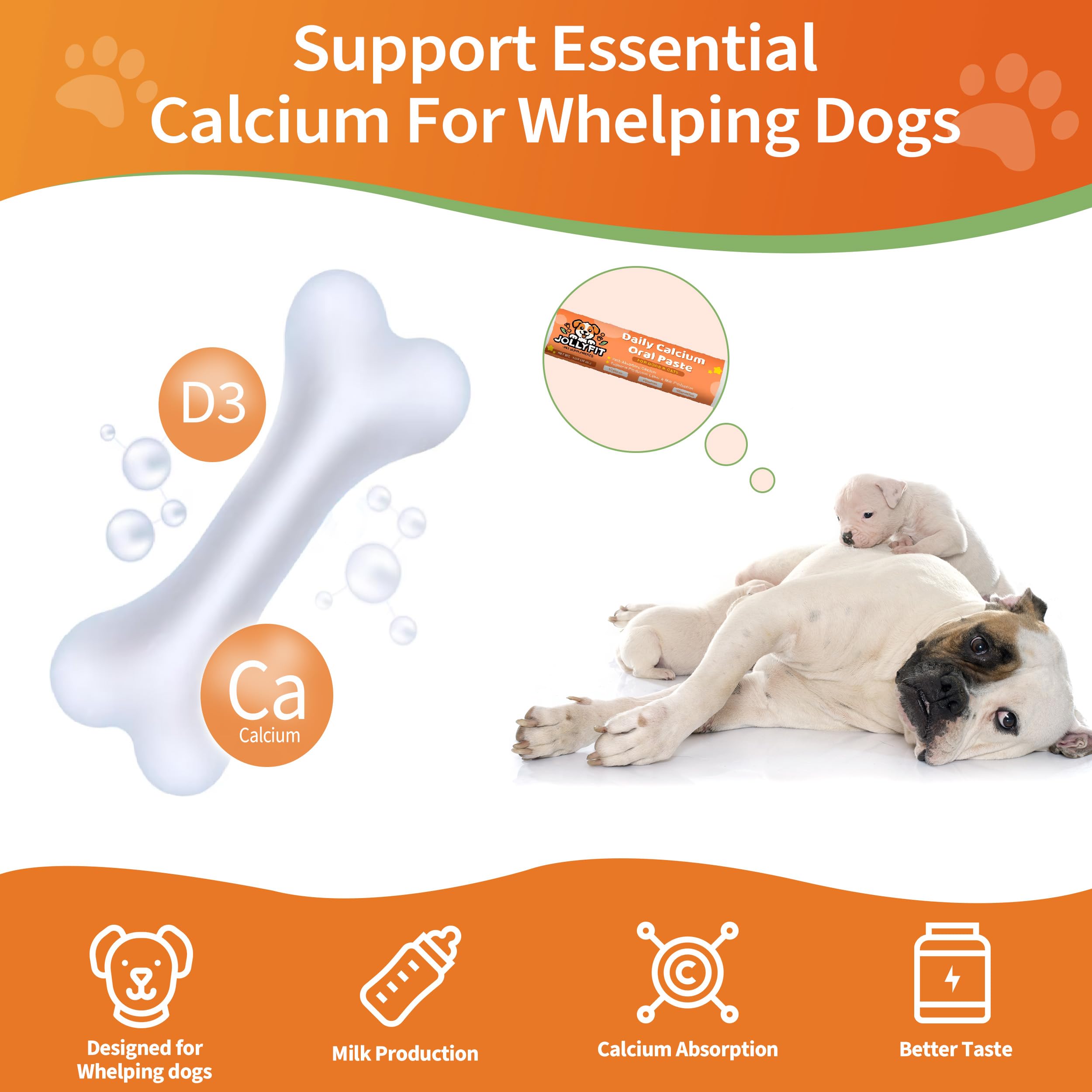 Jollyfit Oral Calcium paste texture highlights fast-absorbing formula for nursing pets