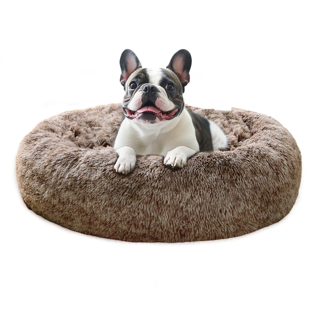 JOLLYVOGUE calming dog bed round smoke brown offers cozy burrow for anxious pets.
