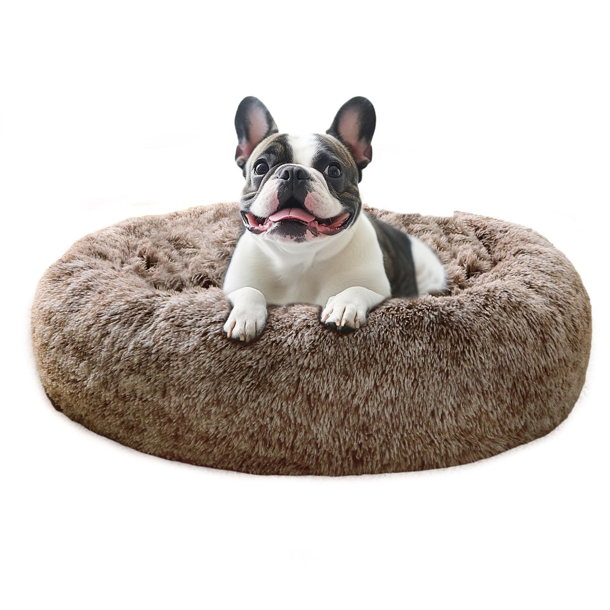 JOLLYVOGUE calming dog bed round smoke brown offers cozy burrow for anxious pets.