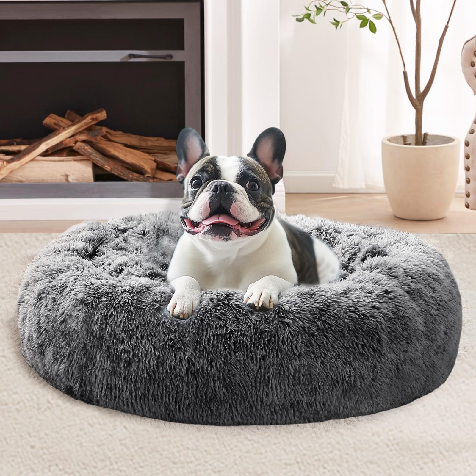 JOLLYVOGUE calming donut bed 23in in smoke black for small dogs, cozy and inviting.