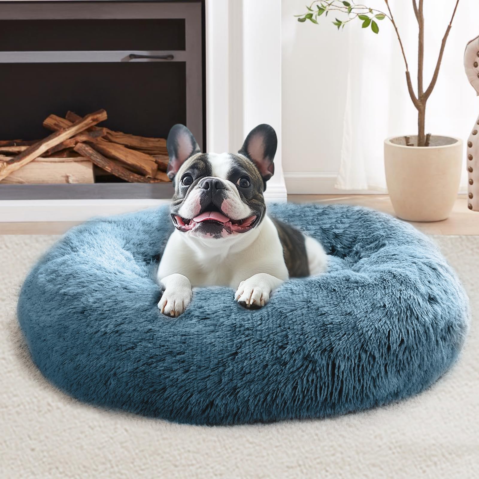 JOLLYVOGUE calming donut dog bed in blue offers cozy 27 inch snuggle space