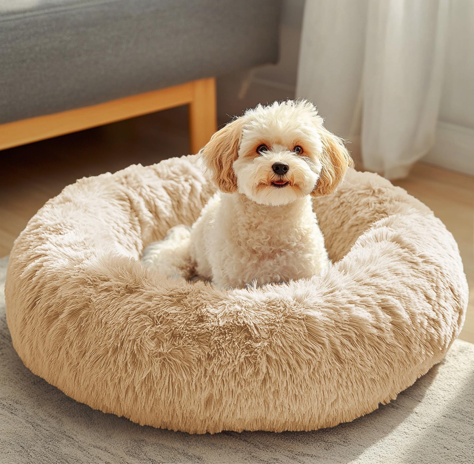 JOLLYVOGUE donut dog bed close-up showing plush faux fur for cozy comfort