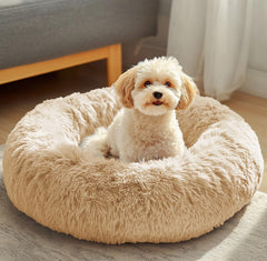 JOLLYVOGUE donut dog bed close-up showing plush faux fur for cozy comfort
