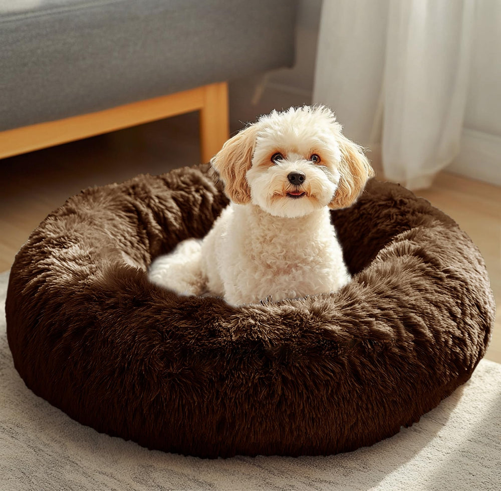 JOLLYVOGUE donut dog bed in plush fabric offers cozy warmth for small pets.