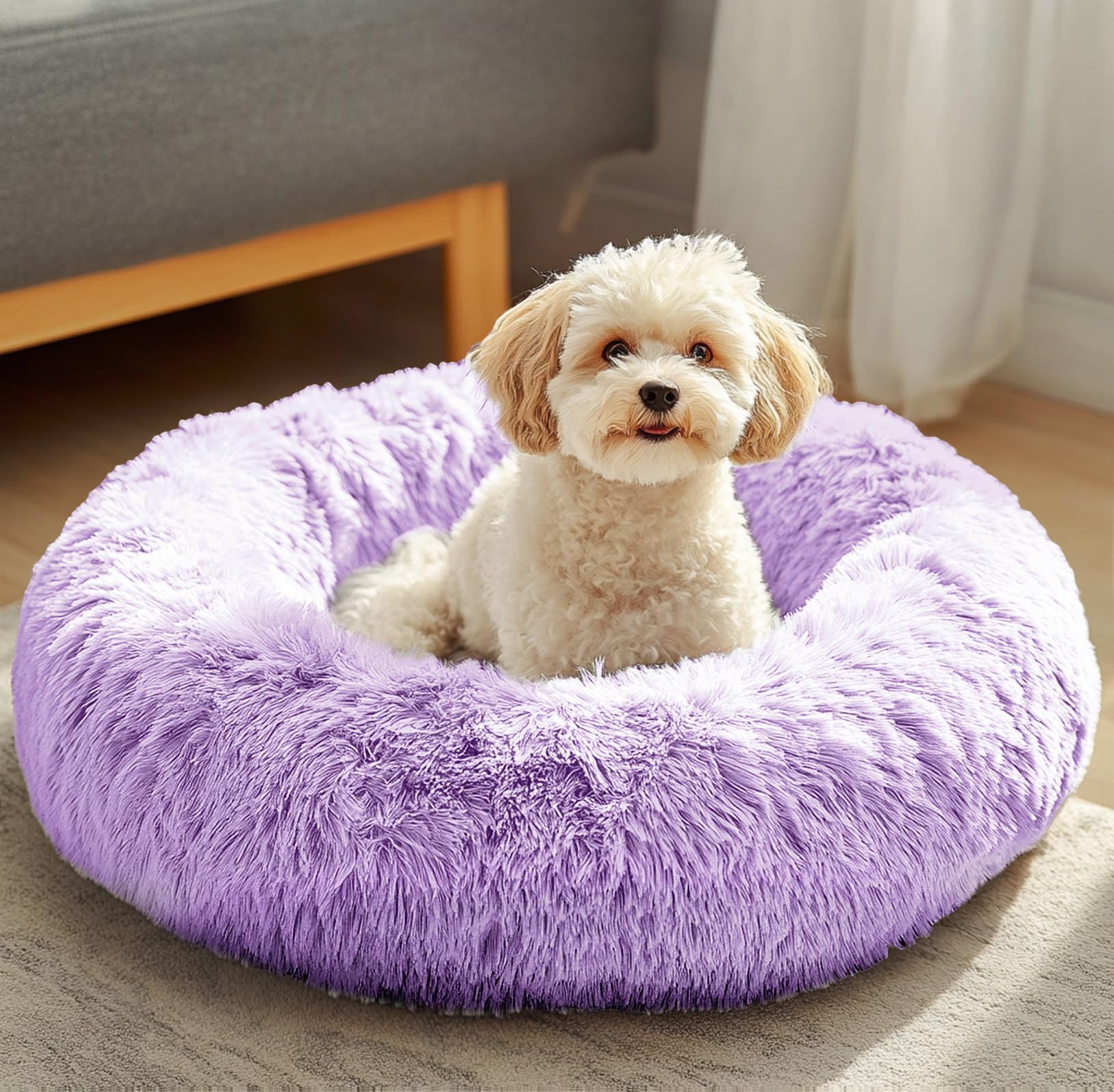 JOLLYVOGUE donut bed plush fur invites pets to curl up for warmth and security.