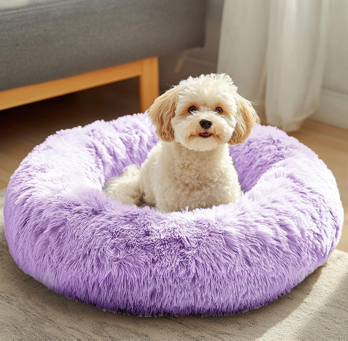 JOLLYVOGUE donut bed with plush fur offers cozy warmth for small pets.