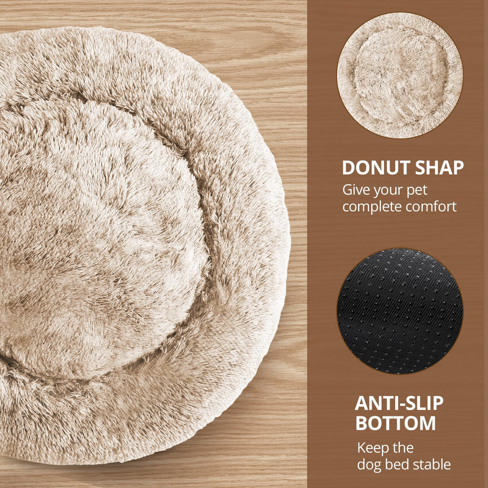 JOLLYVOGUE donut bed fluffy fur enhances security as pets burrow.