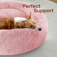 JOLLYVOGUE plush donut bed highlight fluffy fur for snuggly naps.