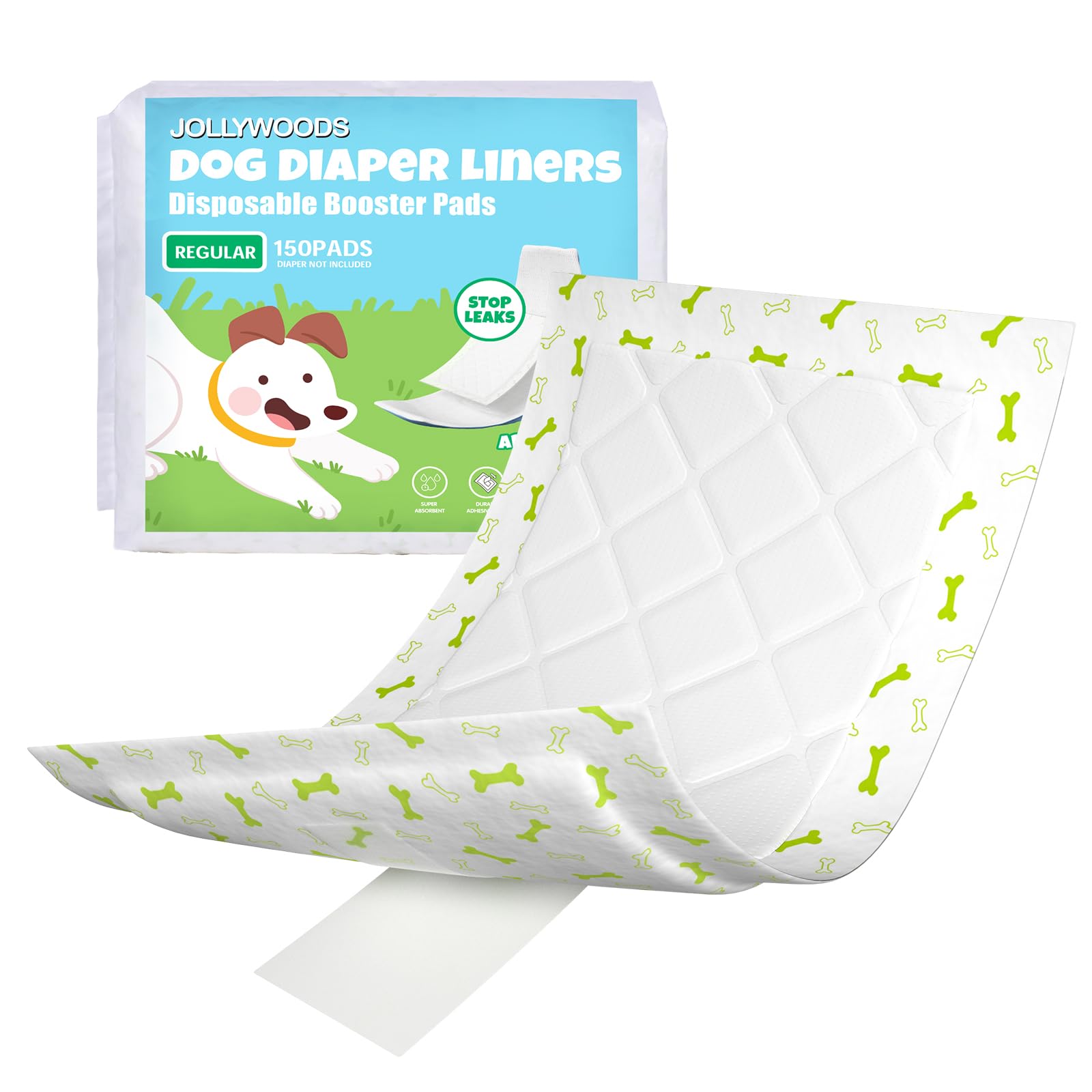 Jollywoods dog diaper liners with absorbent core for reliable overnight protection.