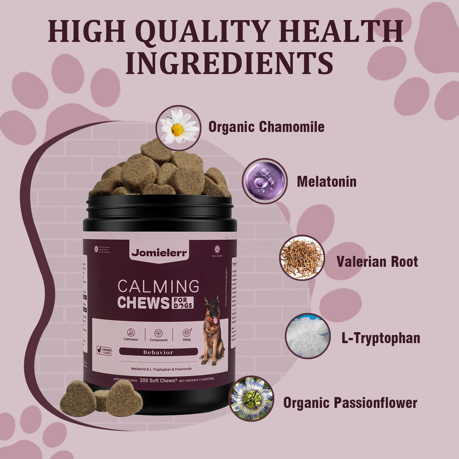Jomielerr Calming Chews chicken flavor close-up emphasizes tasty, dog-friendly support.