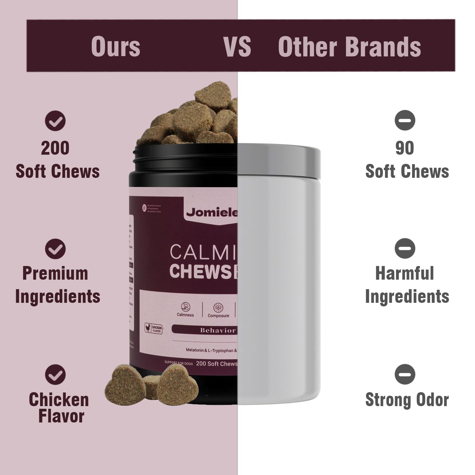 Jomielerr Calming Chews puppy-friendly packaging suggests safe daily routine.