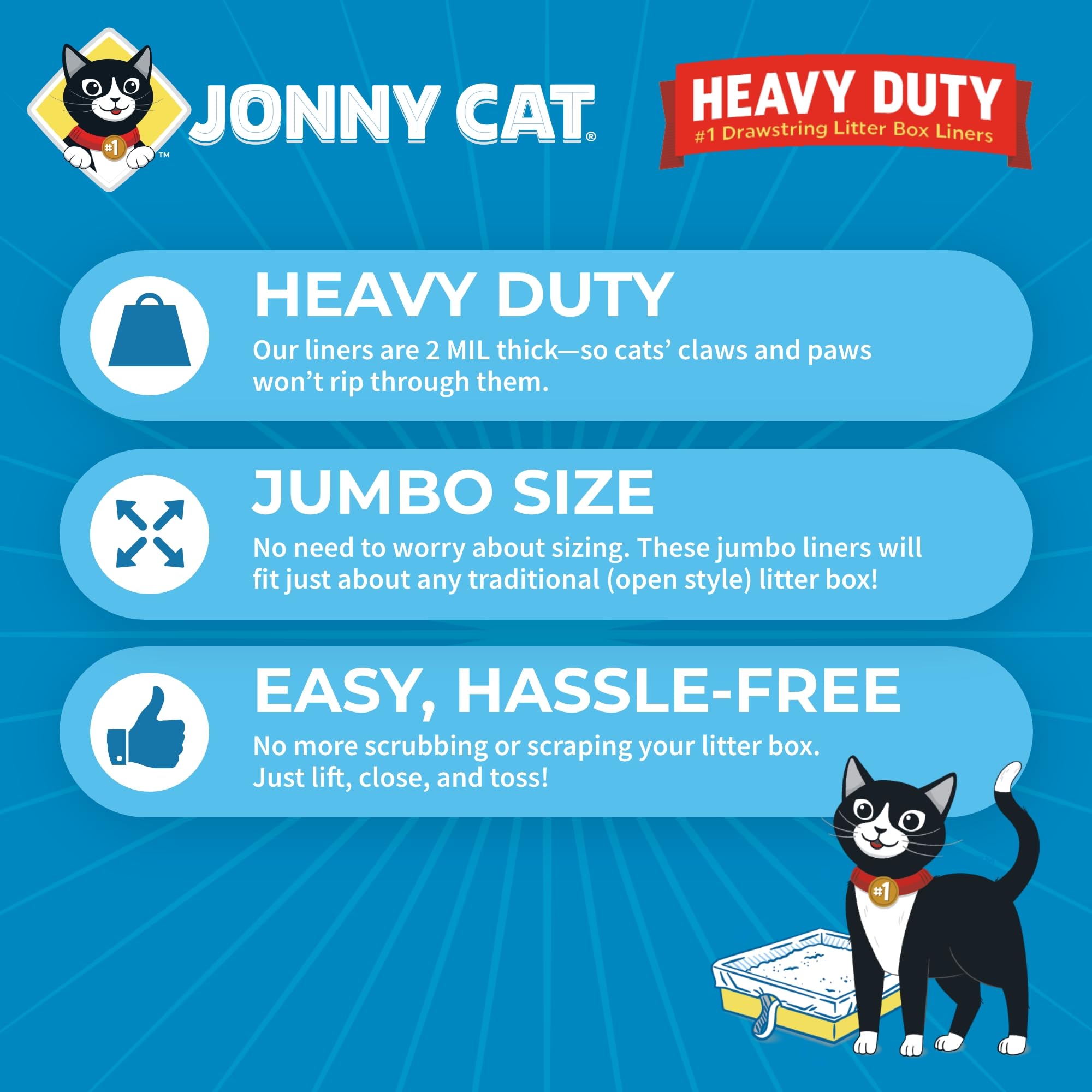 Jonny Cat jumbo-size liner fits open litter boxes for growing cats.