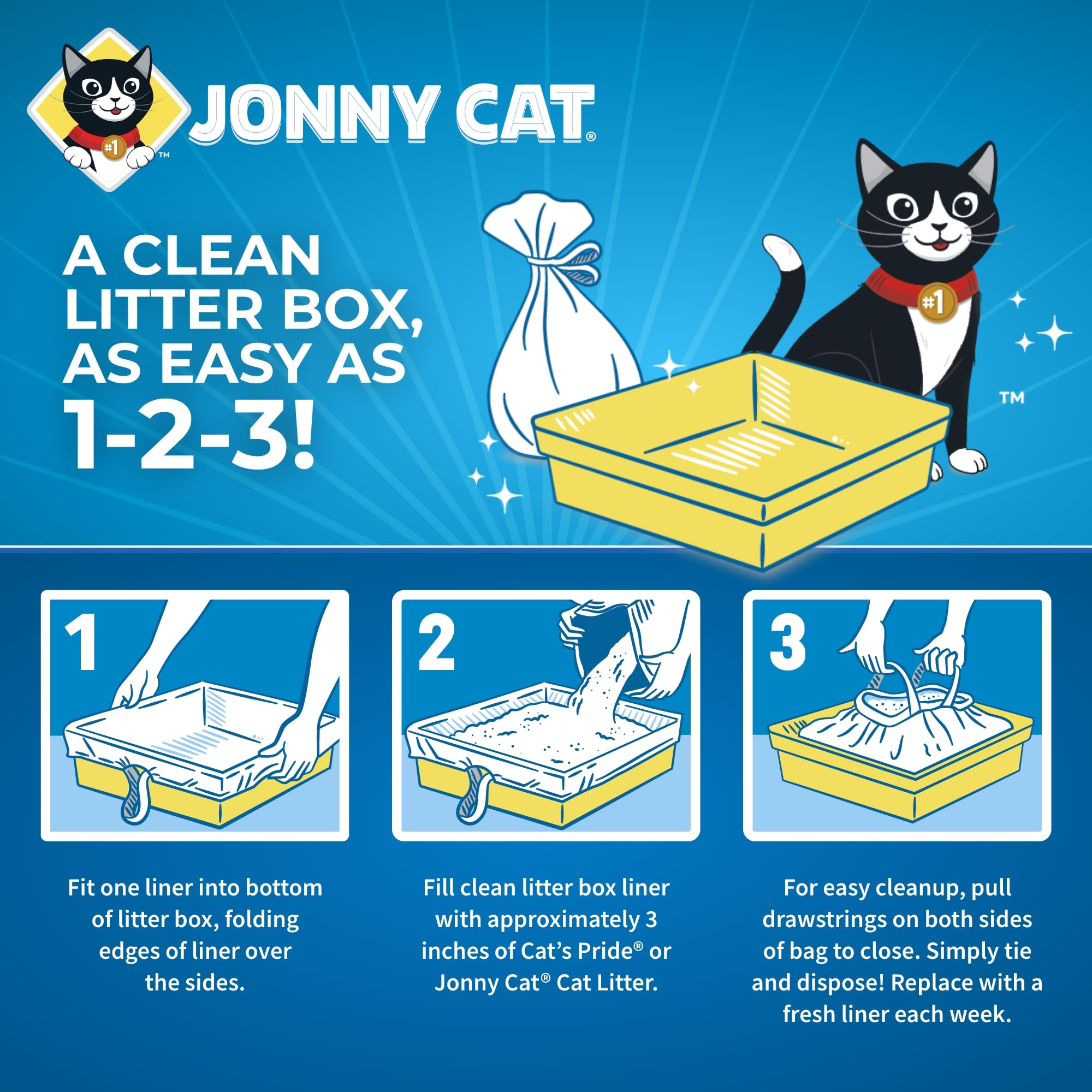 Jonny Cat no-mess cleanup liner conveys quick maintenance after use.