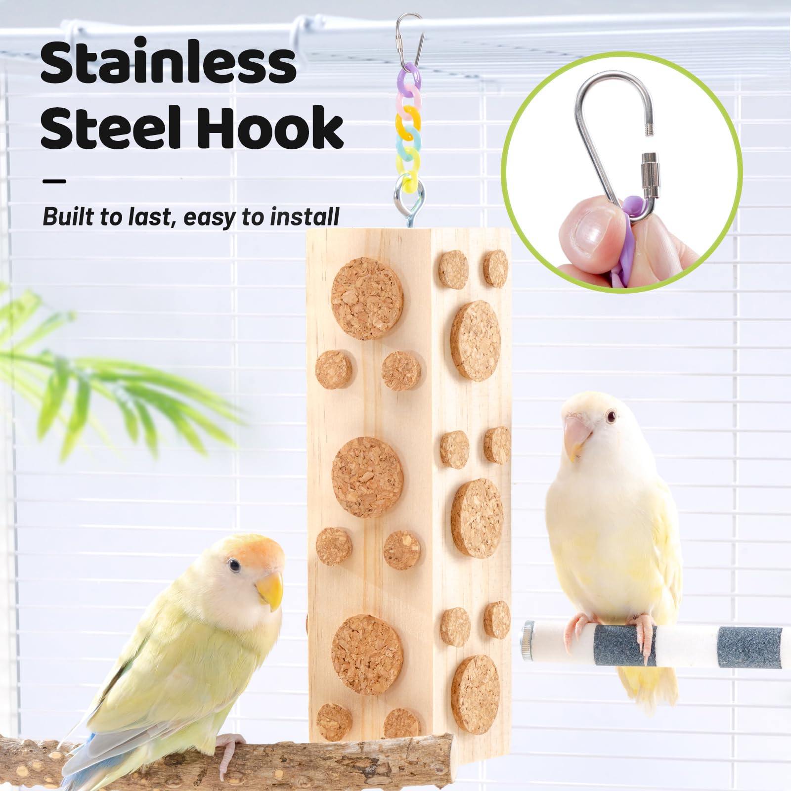 JONS NTY natural poplar wood and cork provide beak maintenance potential.