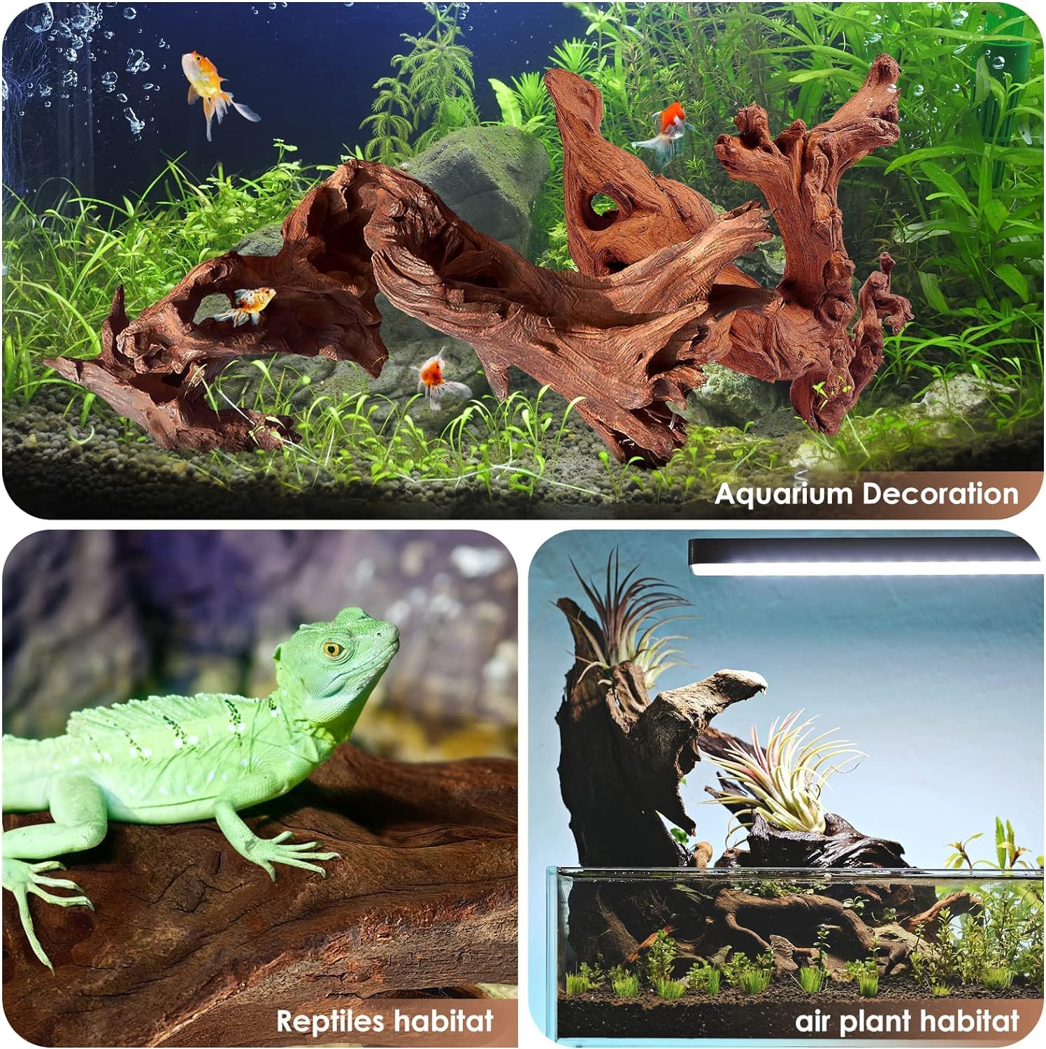 Jorewood driftwood terrarium caves provide reptile hiding spaces.