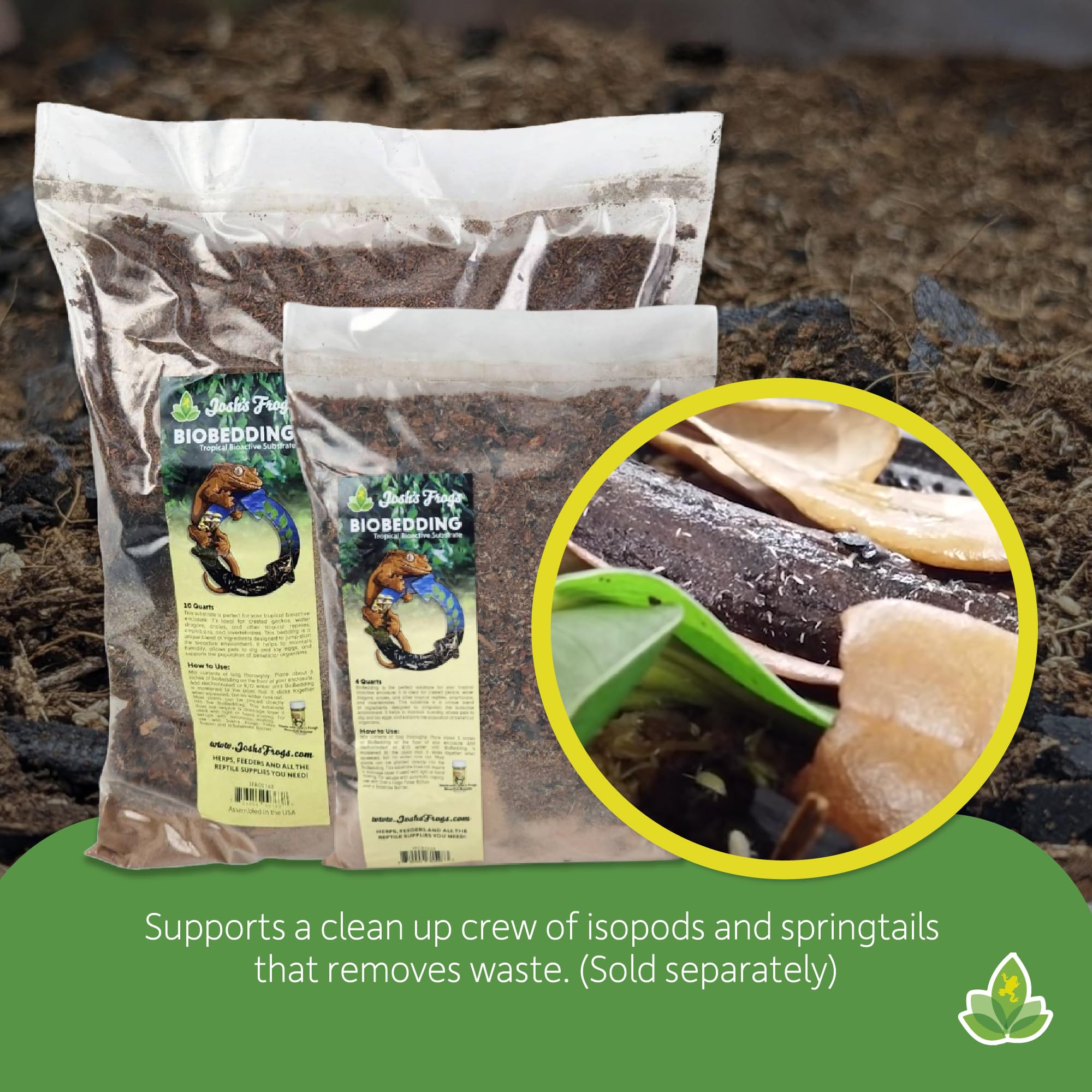 Josh's Frogs BioBedding tropical substrate promoting a cleaner habitat.