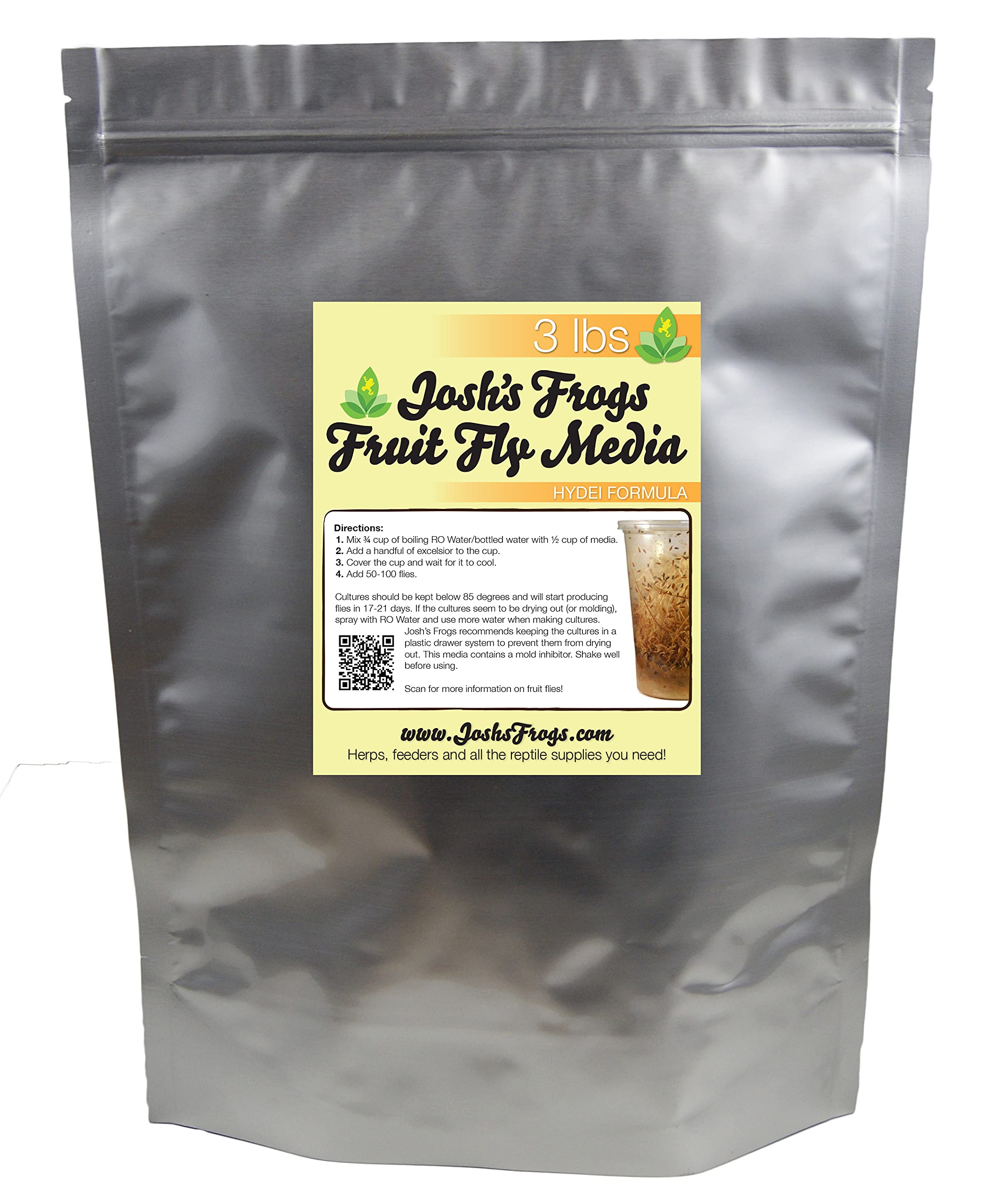 Josh's Frogs HYDEI media packaging features a 3 lb bag for reliable cultures.