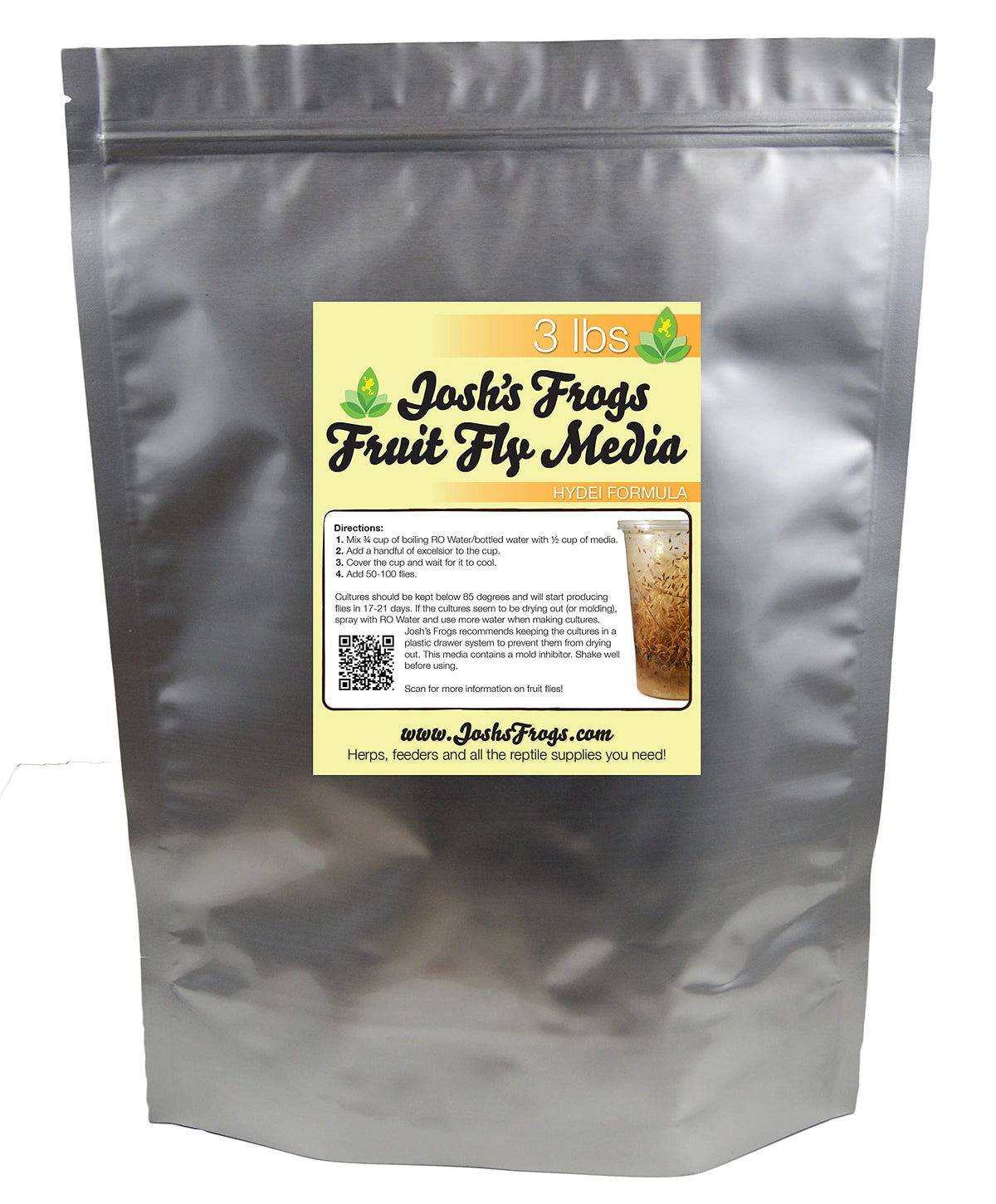Josh's Frogs HYDEI media packaging features a 3 lb bag for reliable cultures.
