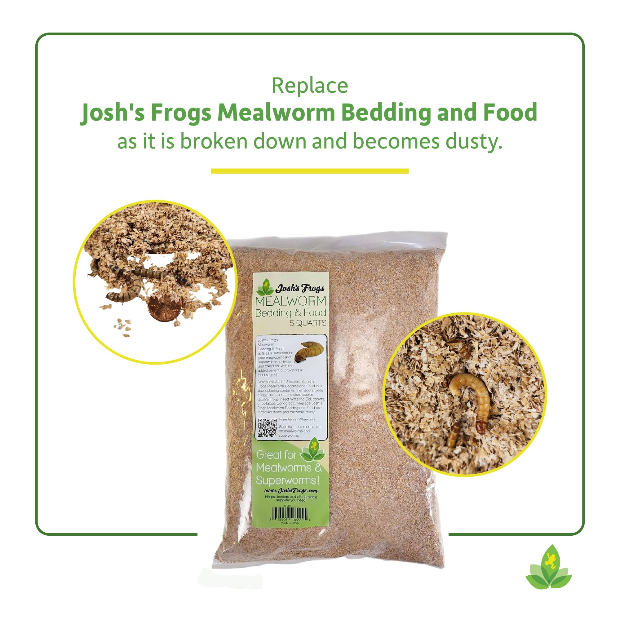 Josh's Frogs mealworm bedding label highlights source and usage.