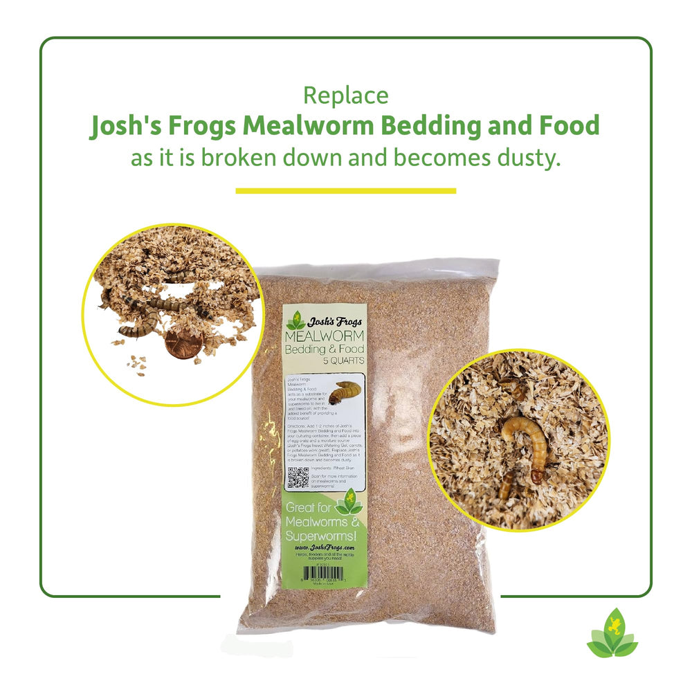 Josh's Frogs mealworm bedding label highlights source and usage.