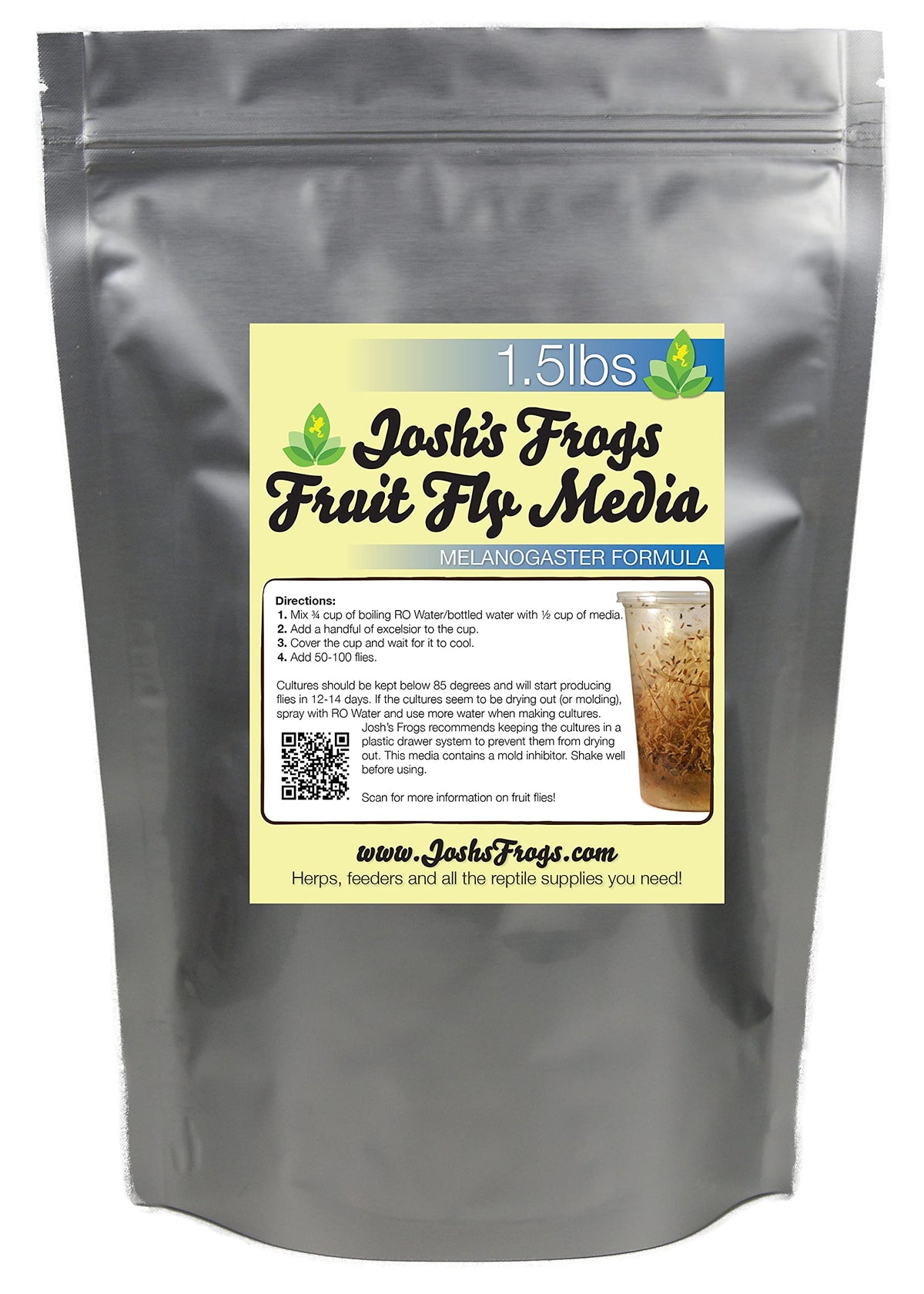 Josh's Frogs MELANOGASTER media packaging showing high-yield potential for cultures.