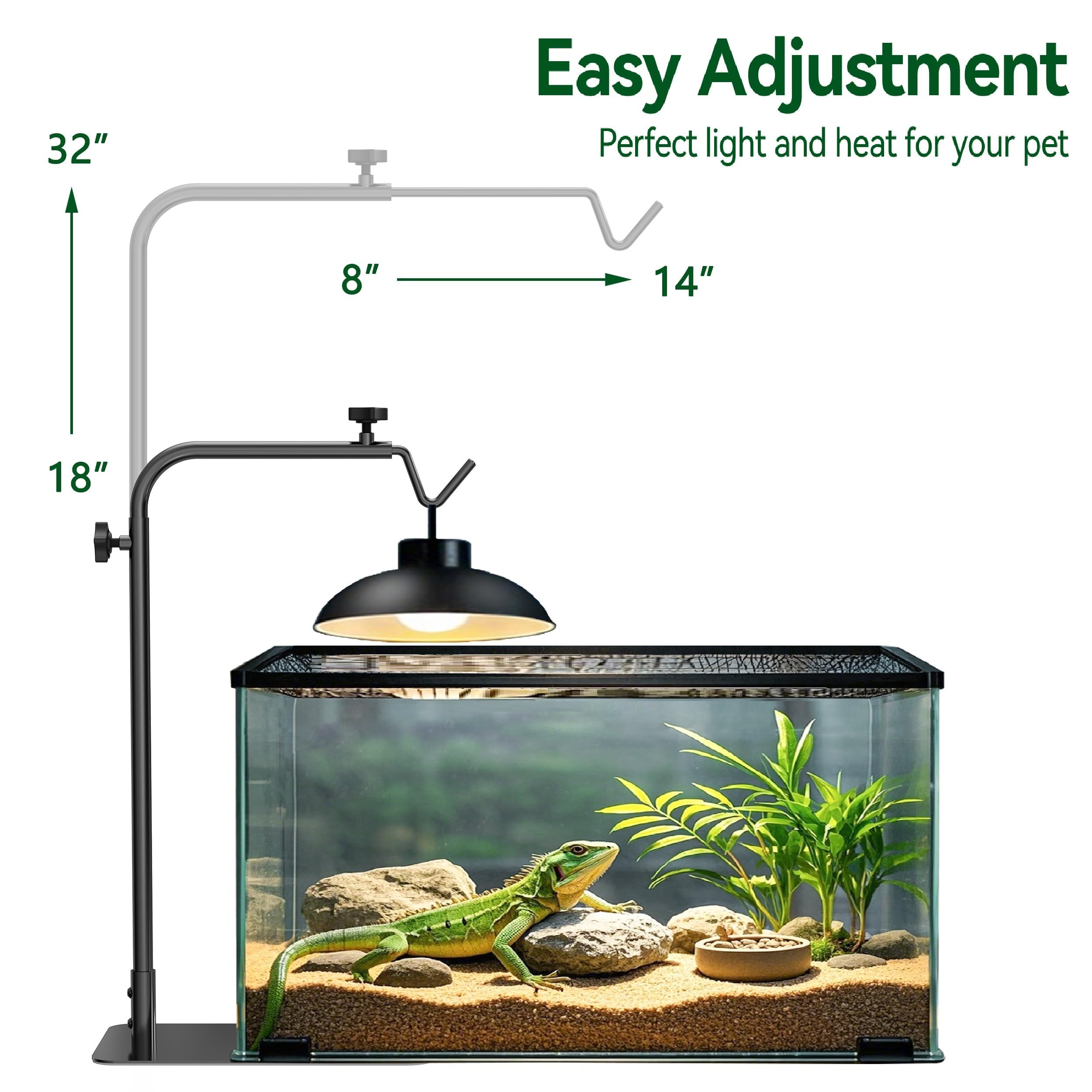 Josmimic Reptile Heat Lamp Stand adjustable height enables optimal basking spot.