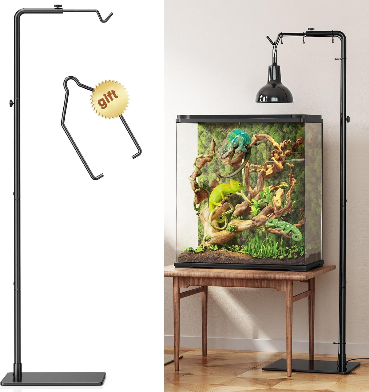 Josmimic Reptile Heat Lamp Stand height adjust for precise basking distance.