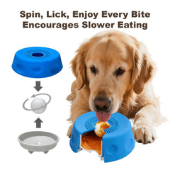 Jovoria dog lick bowl with ball slows eating and reduces spills.