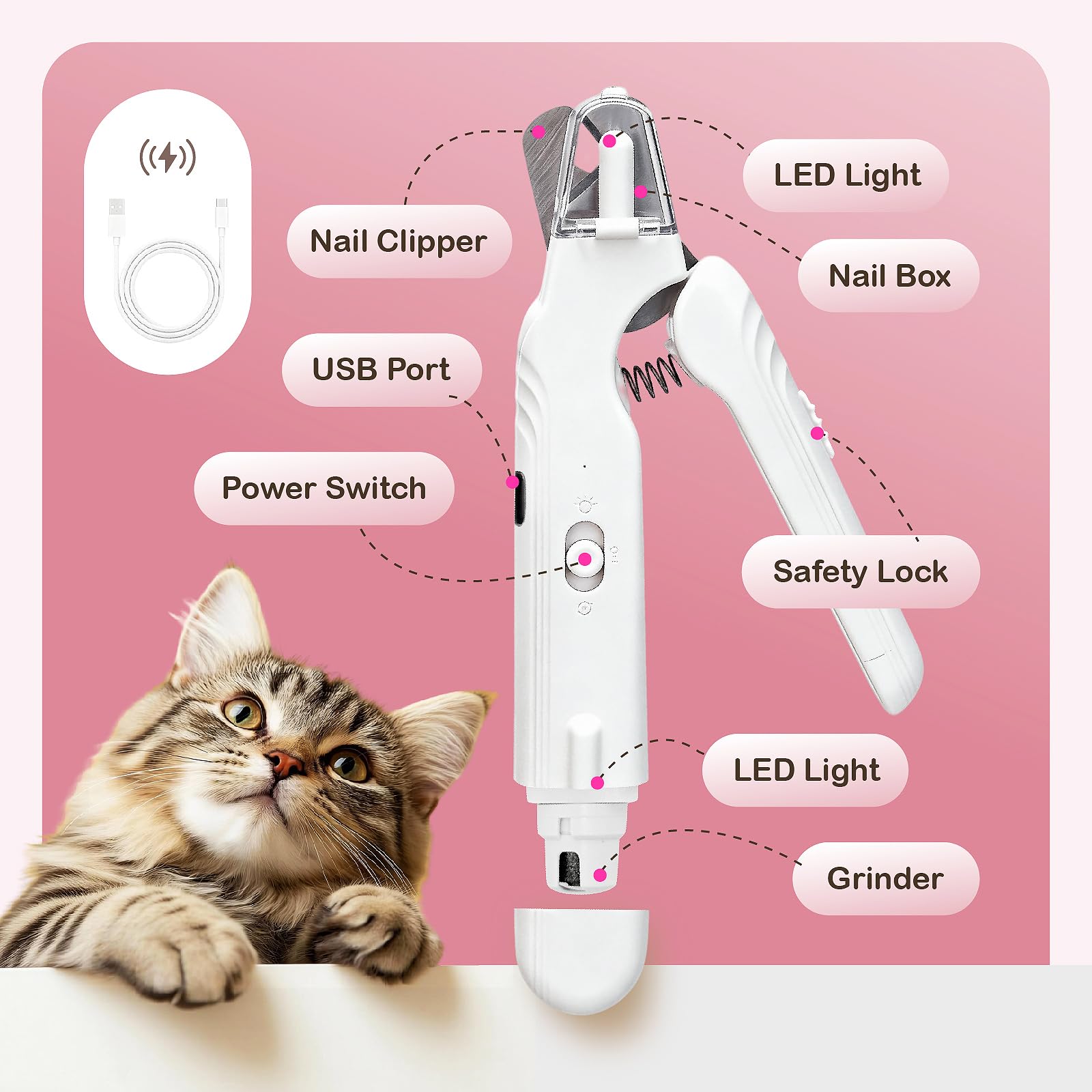 Jovoria Ultra-quiet motor keeps pets calm during nail care.