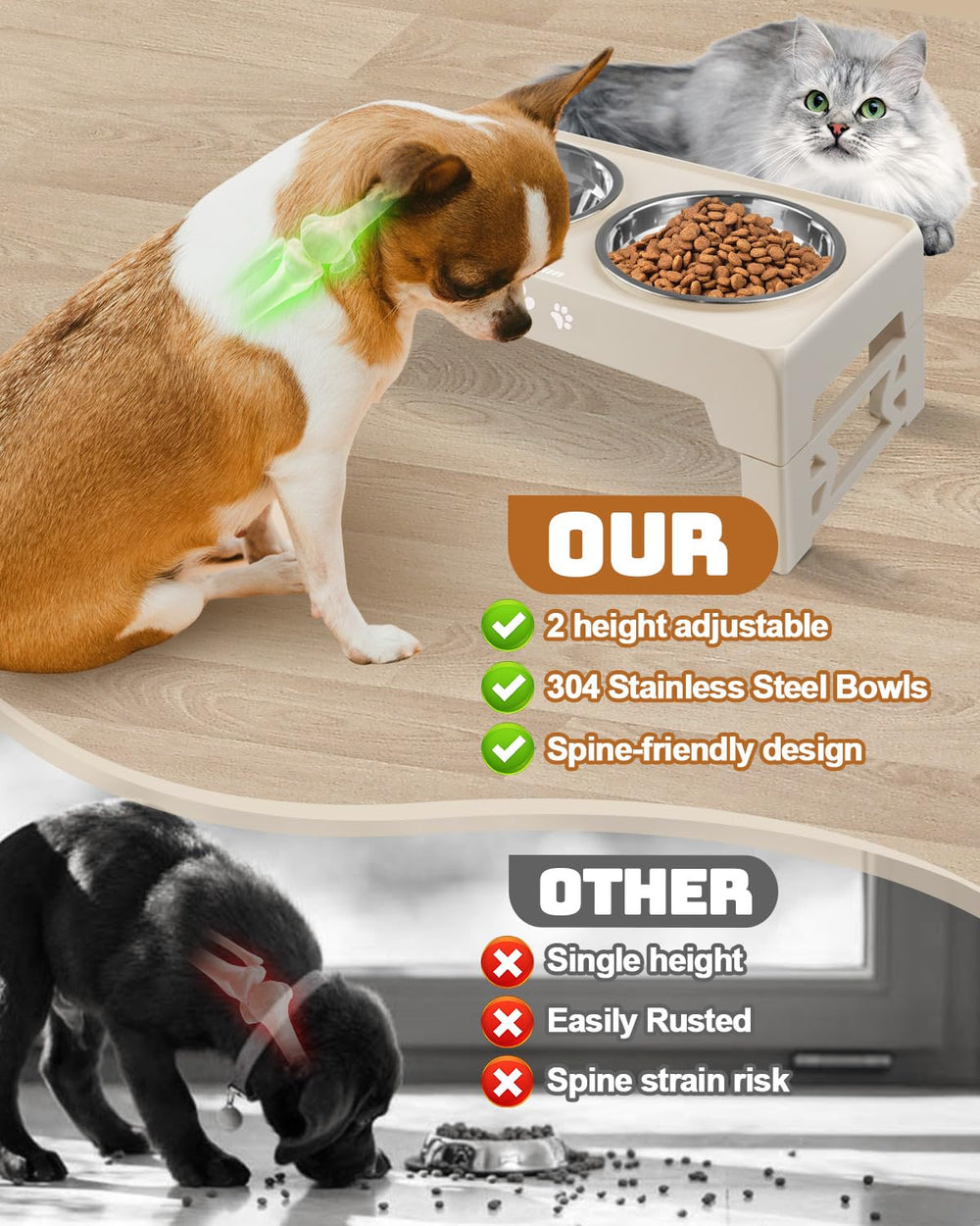 Jovrun cat and dog using elevated bowls in a cozy kitchen