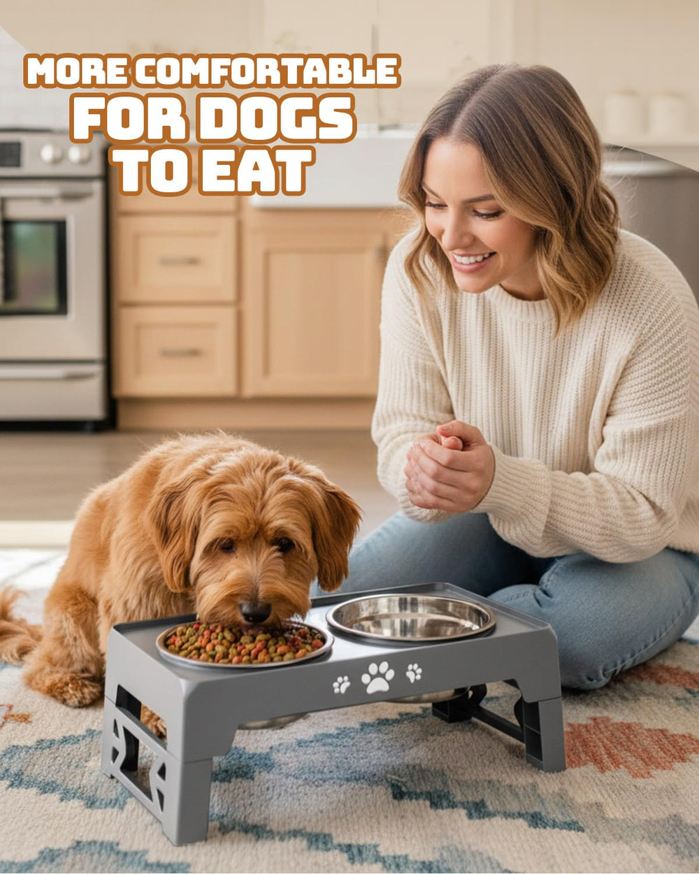 Jovrun elevated dining reduces dust access to bowls.