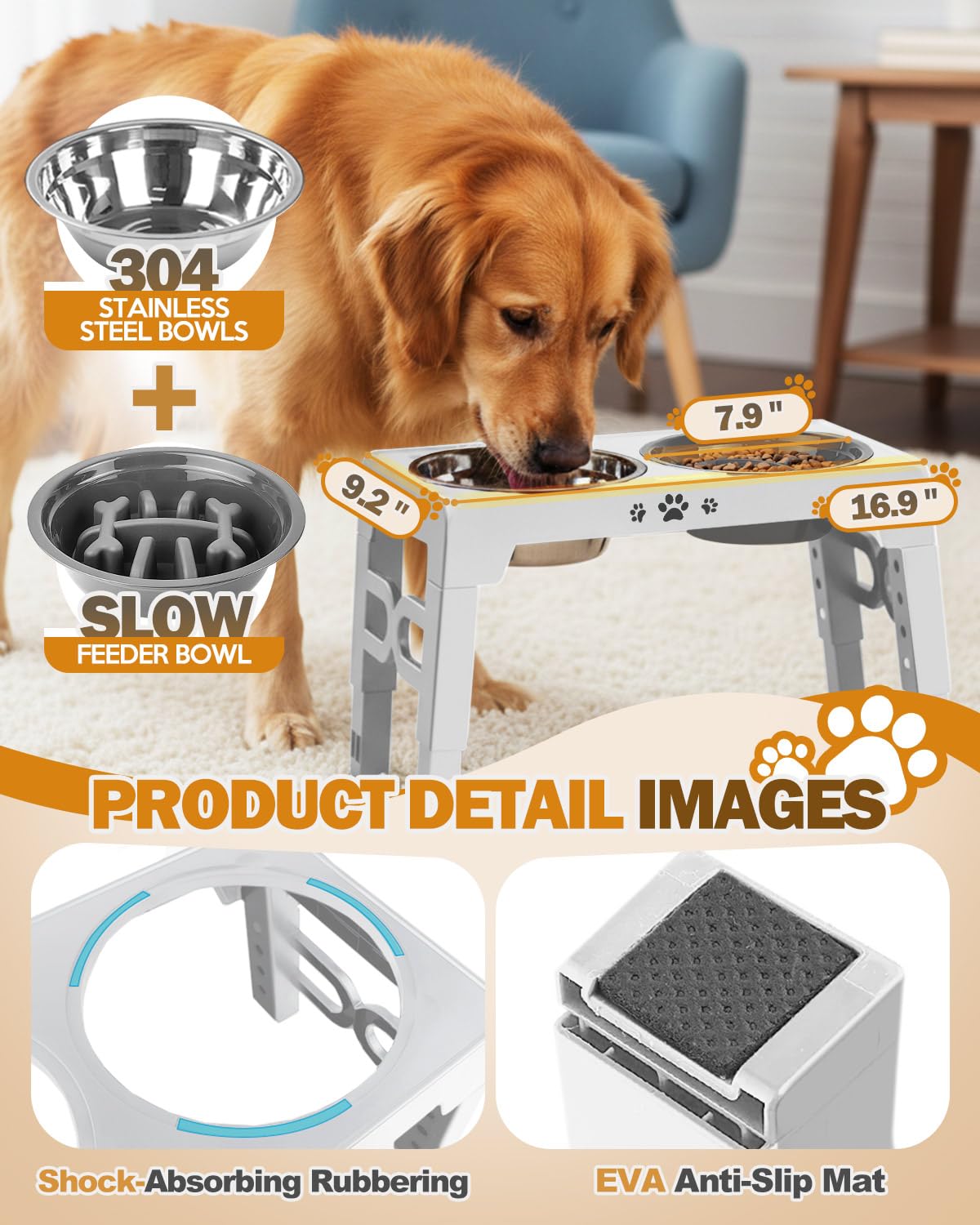 Jovrun elevated bowls stainless-bowl close-up emphasizes durable dishwasher-safe feature.