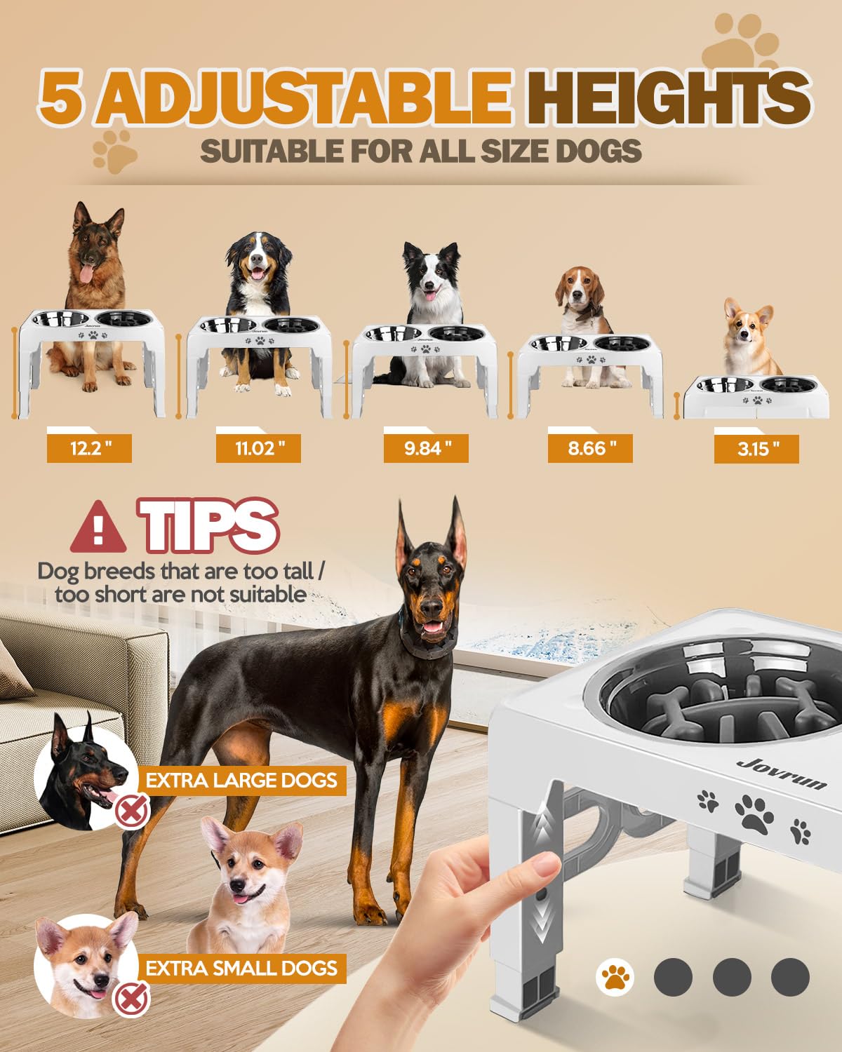 Jovrun elevated bowls stand-legs show adjustable heights for comfortable dining.