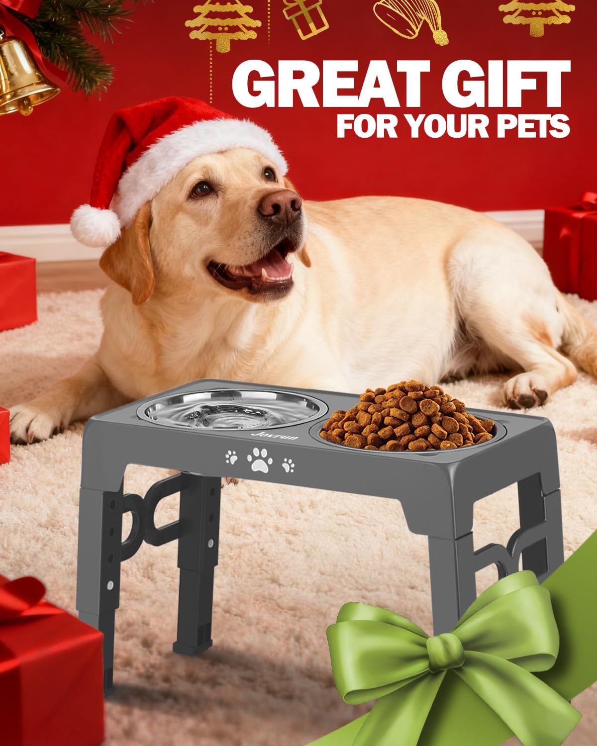 Jovrun elevated dog feeding station in a tidy home setup