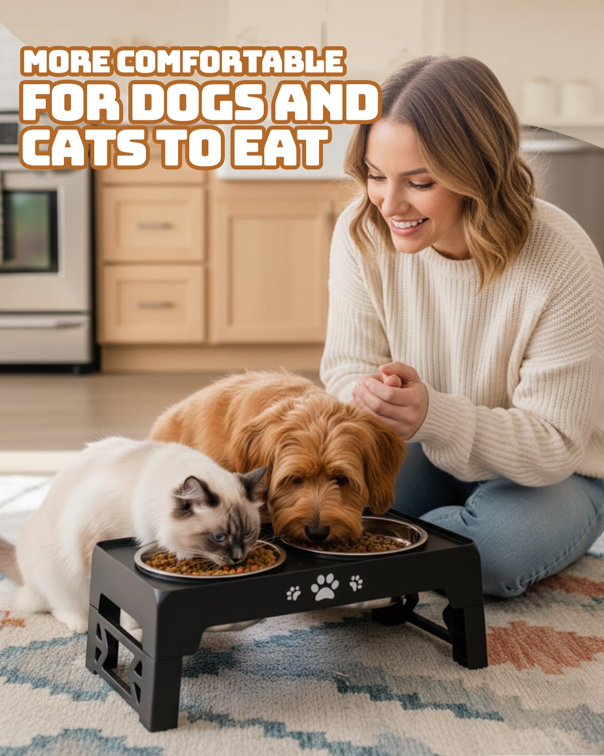 Jovrun rubber rim reduces noise during pet meals.